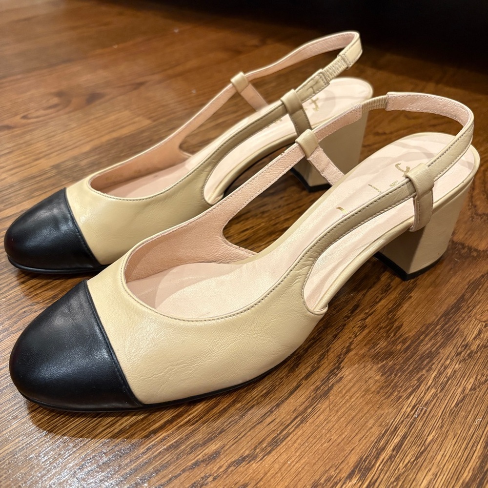 French Sole Black and Cream Slingback Heels